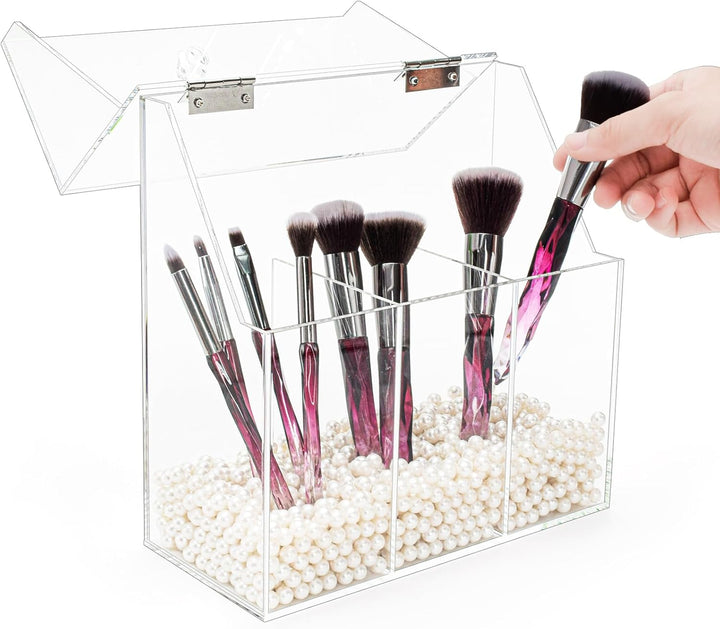 Okllen Make-up-Pinselhalter mit Staubdichtem Deckel, Weisse Perlen, Transparenter Acryl-Make-up-Pins