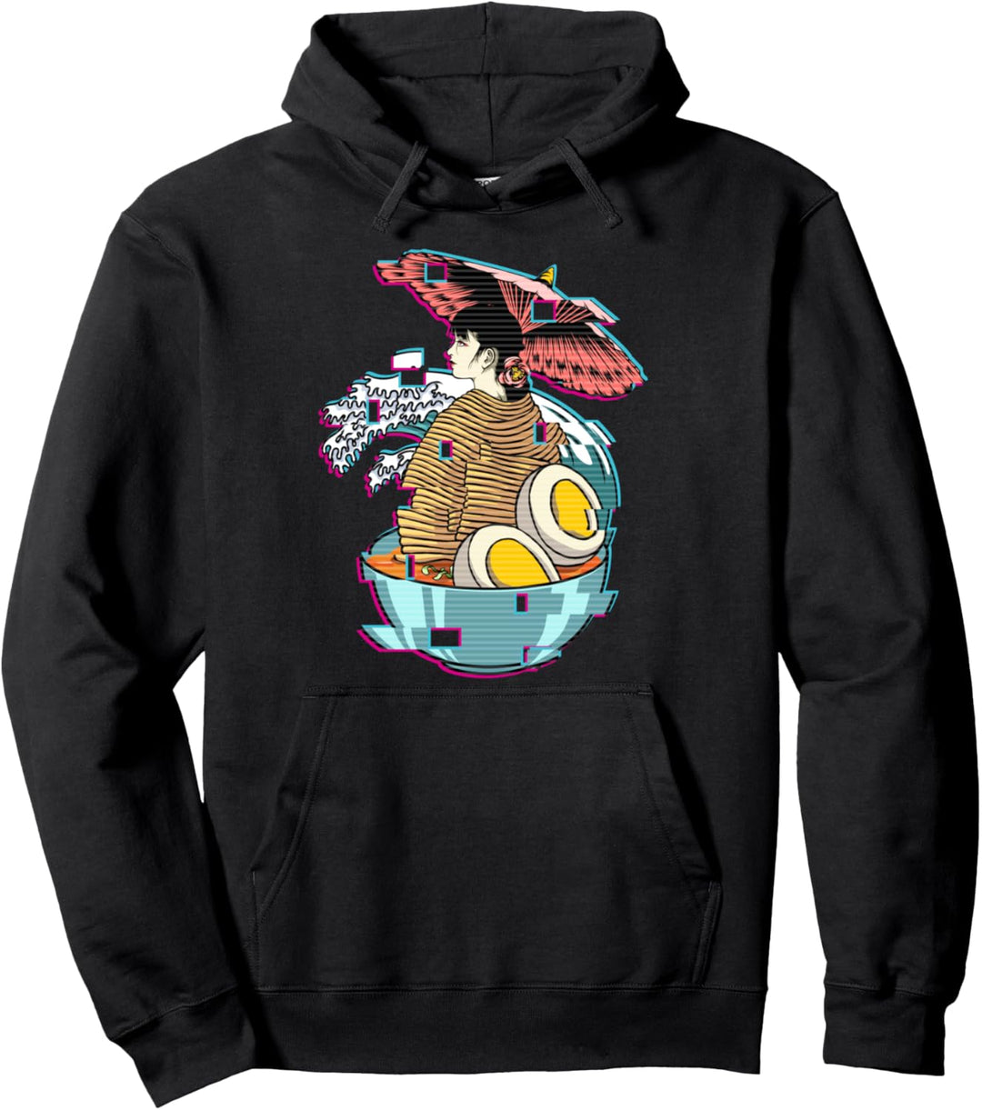 Geisha Vaporwave Aesthetic Ramen Noodles Glitch Pullover Hoodie