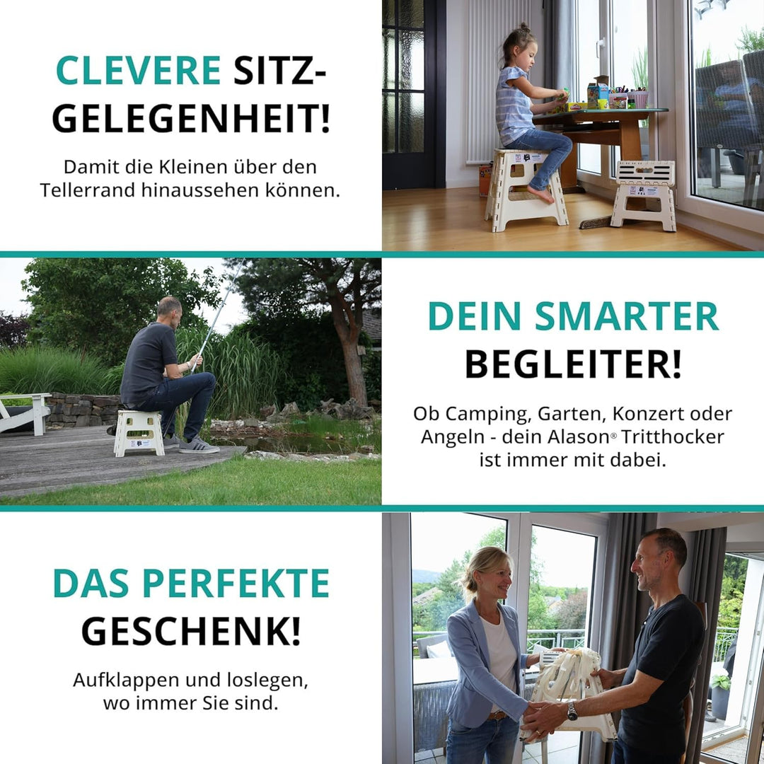 VERGLEICHSSIEGER - Alason® Tritthocker Klappbar 32 cm, Belastbar bis 165 kg – Mit Aufhängehaken & Au