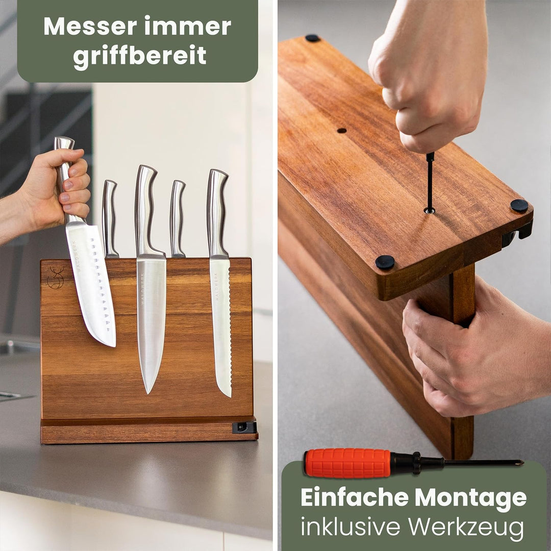 WALDWERK Messerblock magnetisch ohne Messer (31cm) - Messerhalter aus edlem Akazienholz - unbestückt