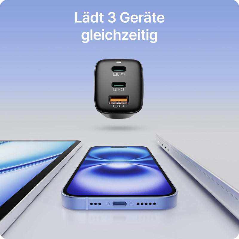 VOOMY USB C Ladegerät 65W, Schnellladegerät GaN Charger, USB Ladegerät Mehrfach 3-Port, USB C Netzte