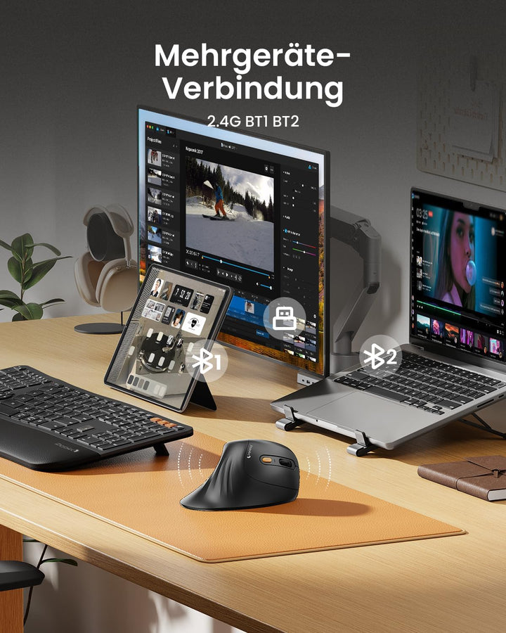 ProtoArc EM11 NL Ergonomische Vertikale Maus, Kabellos Aufladbar Mouse mit 3 Gerät (Bluetooth+Blueto