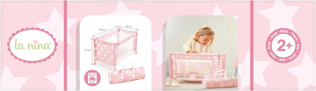 La Nina 60408 Carlota (53 x 32 x 32 cm) Stars Puppen, Reisebett, Mehrfarbig, 53x32x32