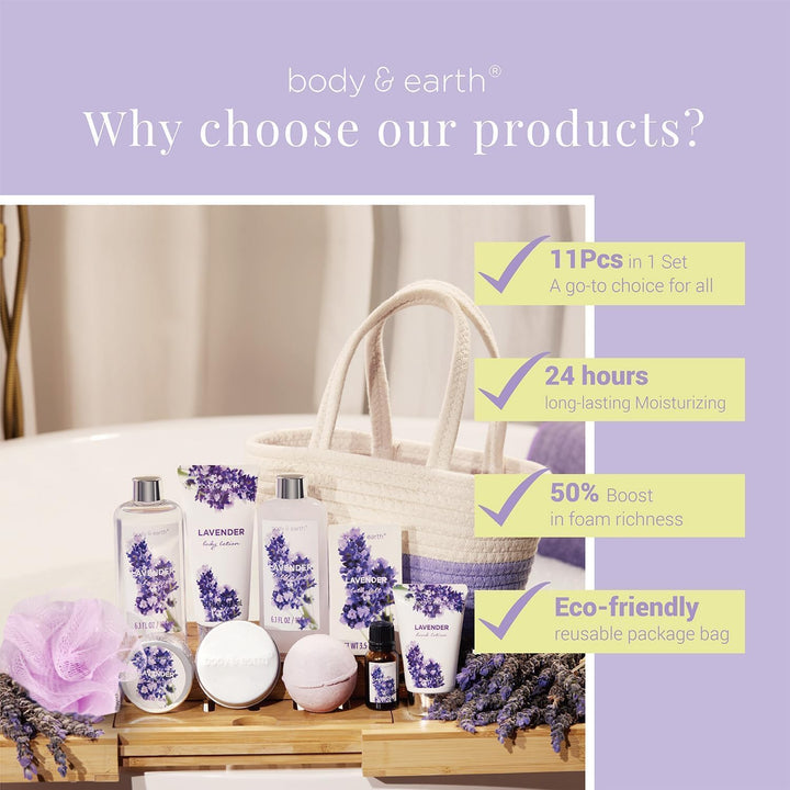 BODY & EARTH Geschenkset für Frauen - 11 tlg. Badeset Geschenke mit Lavendel Duft Produkte, Geschenk