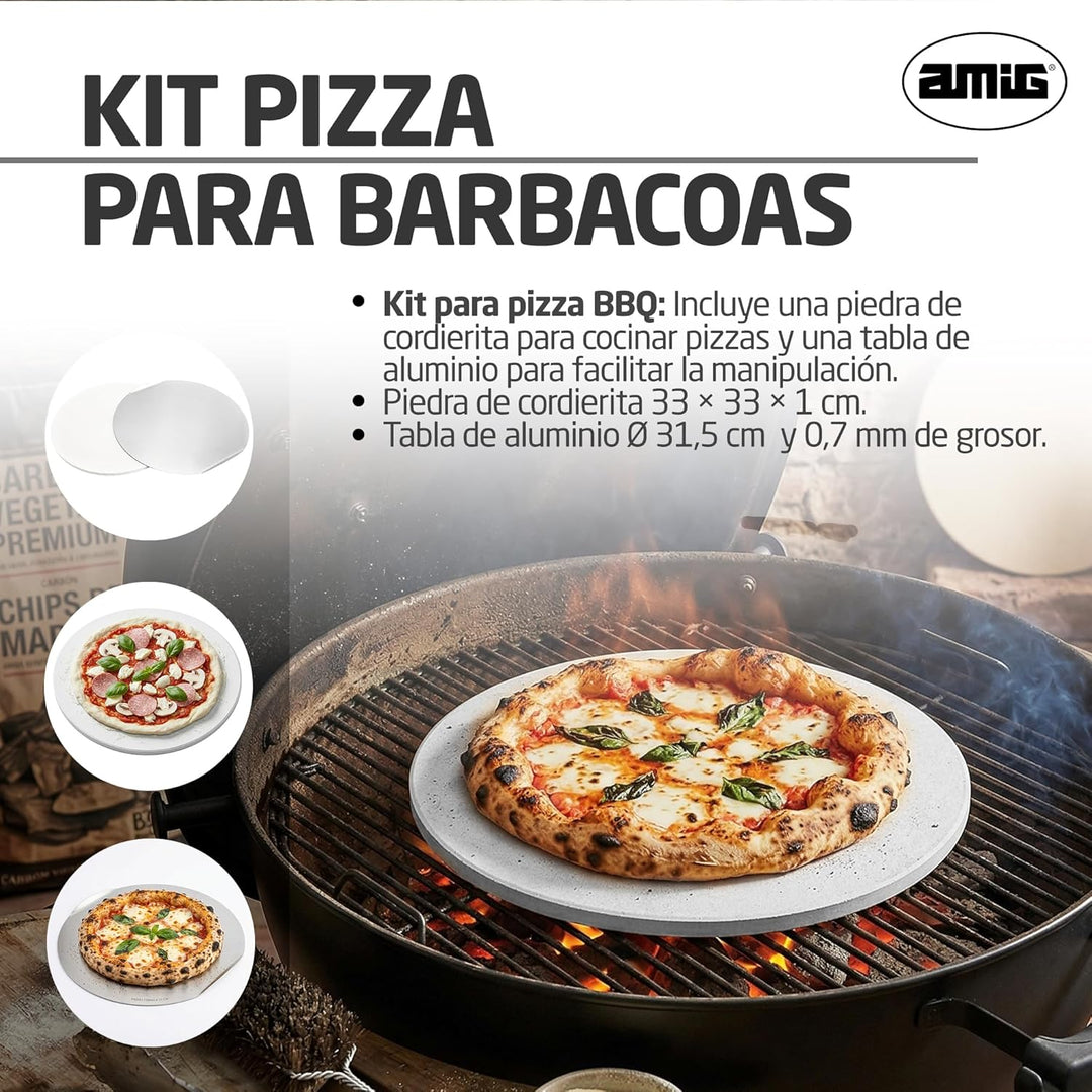 Amig – Pizza‑Set für Grill – Cordieritstein und Aluminiumplatte – Durchmesser Stein 33 cm – Durchmes