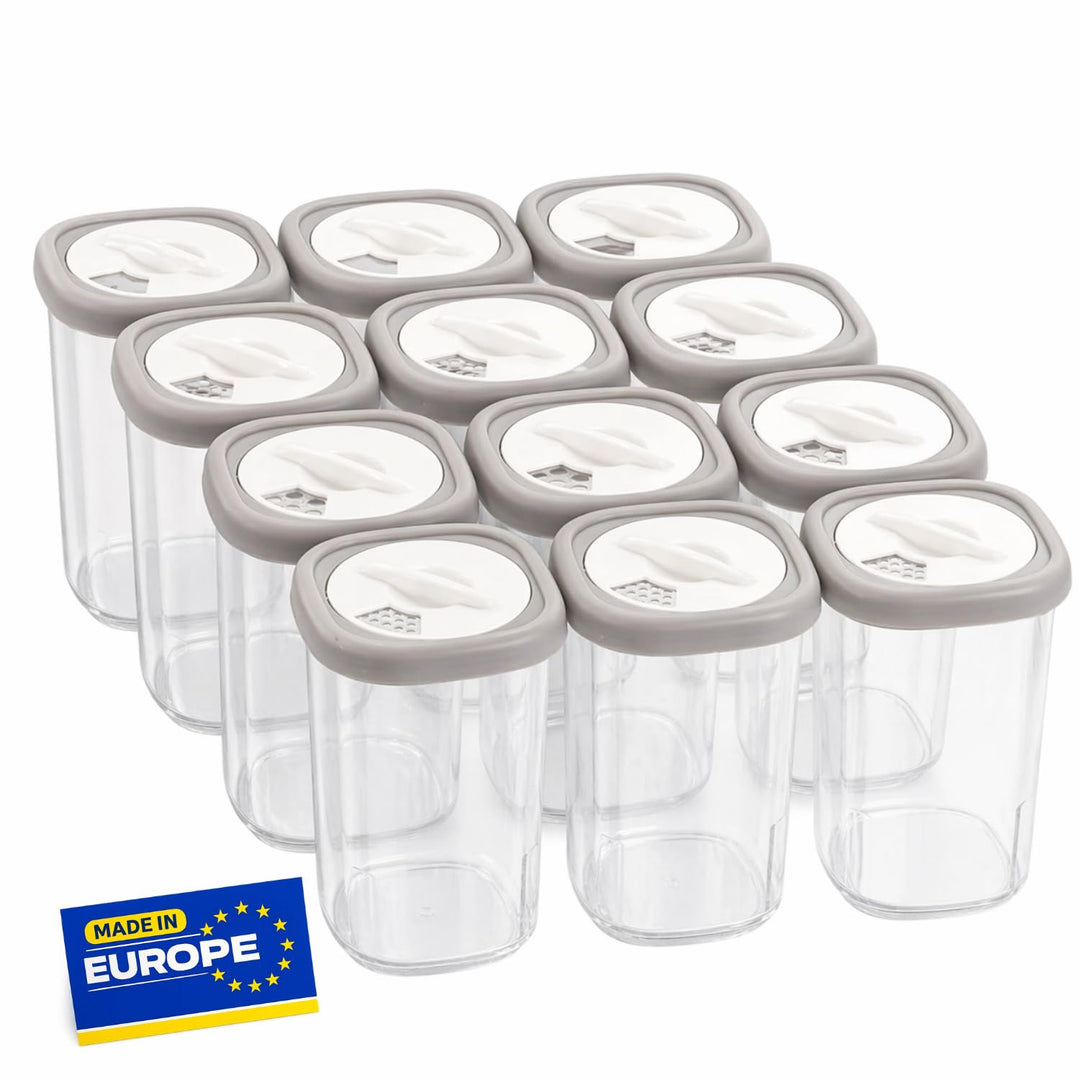 IDOBY 12er Set Gewürzbox aus Kunststoff, Transparente Gewürzdose, BPA-Freiem Kunststoff Camping Gewü