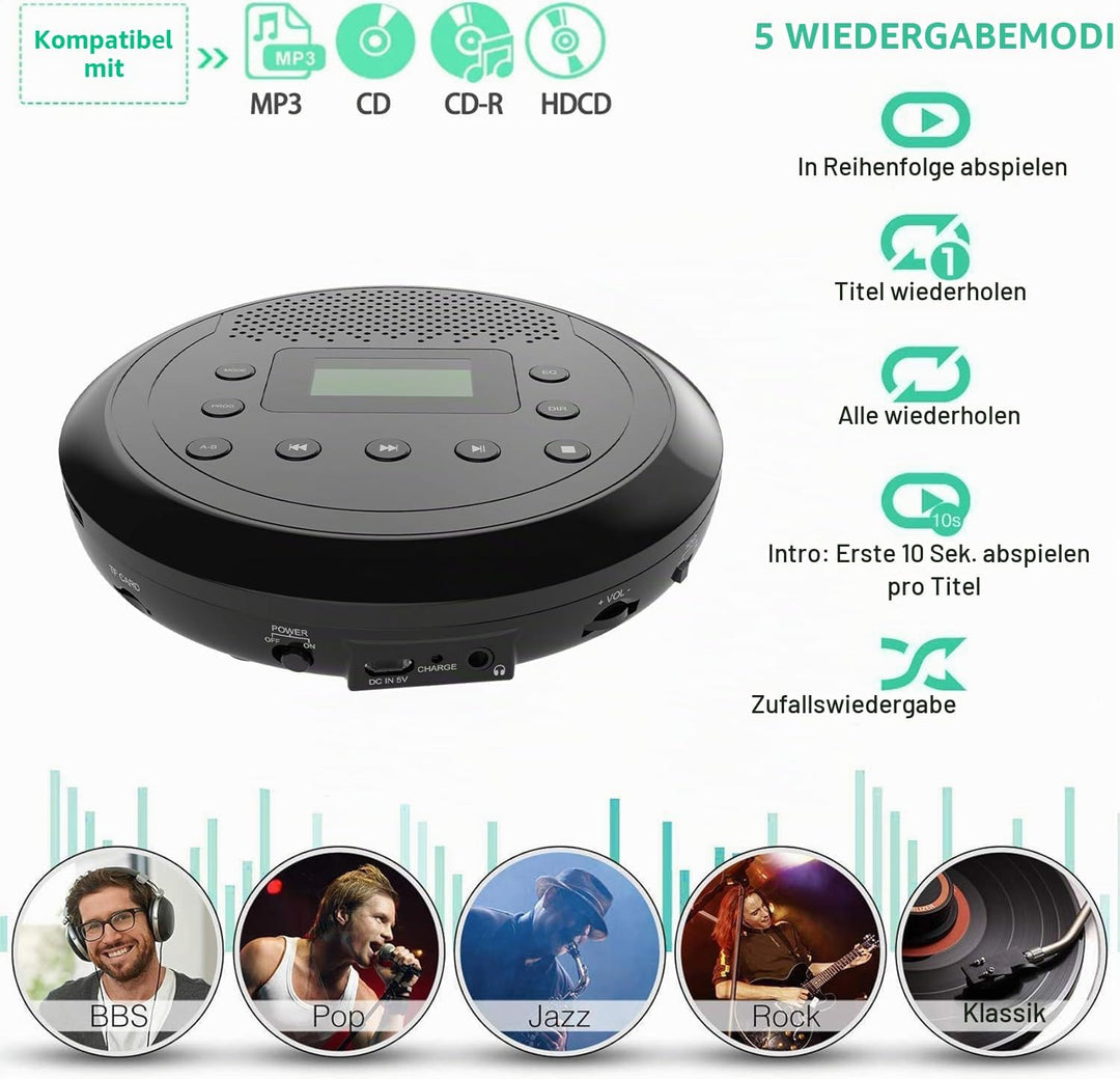 Tragbarer CD Player mit Lautsprecher, Wiederaufladbar Discman für Auto, Anti-Skip CD-Player klein fü