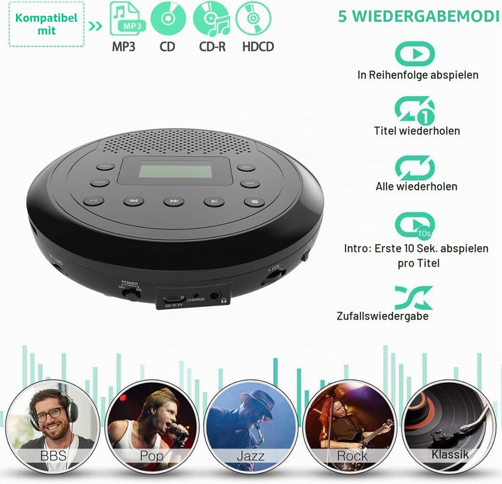 Tragbarer CD Player mit Lautsprecher, Wiederaufladbar Discman für Auto, Anti-Skip CD-Player klein fü