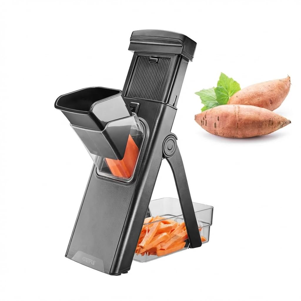 GEFU All-in-One Gemüsehobel | Für Süsskartoffeln, Gemüse & Obst bis Ø 8 cm | Mit Auffangbehälter, ve