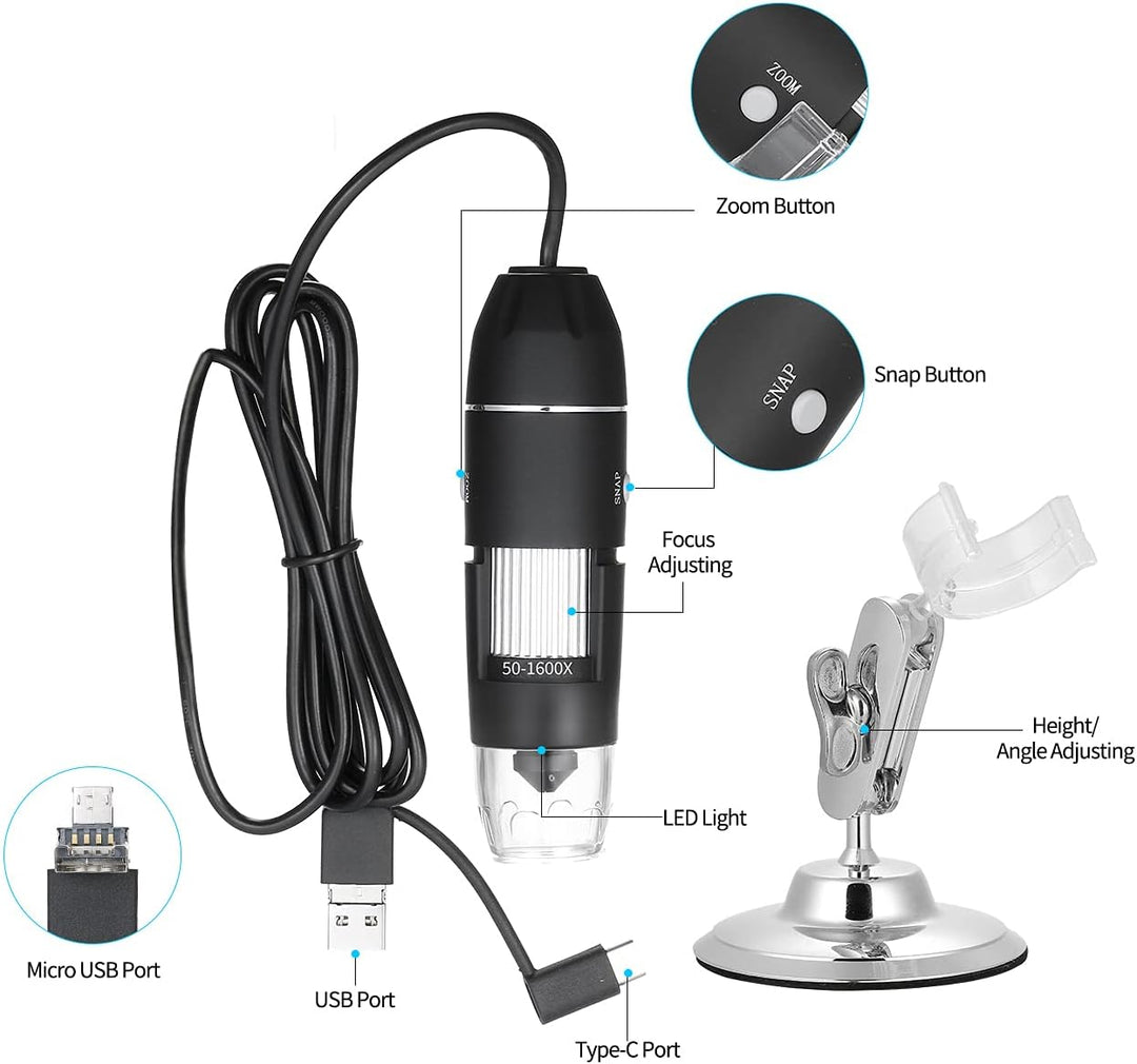 Meichoon Digitales Mikroskop, 3-in-1 USB Schnittstelle,1600 x Kamera,mit Flexiblem Ständer,Kompatibe