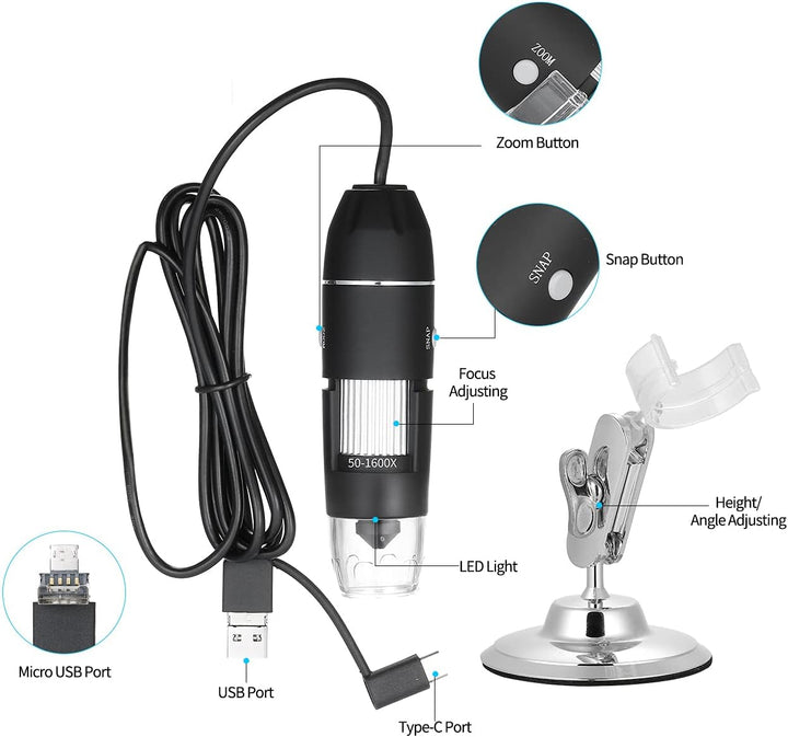 Meichoon Digitales Mikroskop, 3-in-1 USB Schnittstelle,1600 x Kamera,mit Flexiblem Ständer,Kompatibe