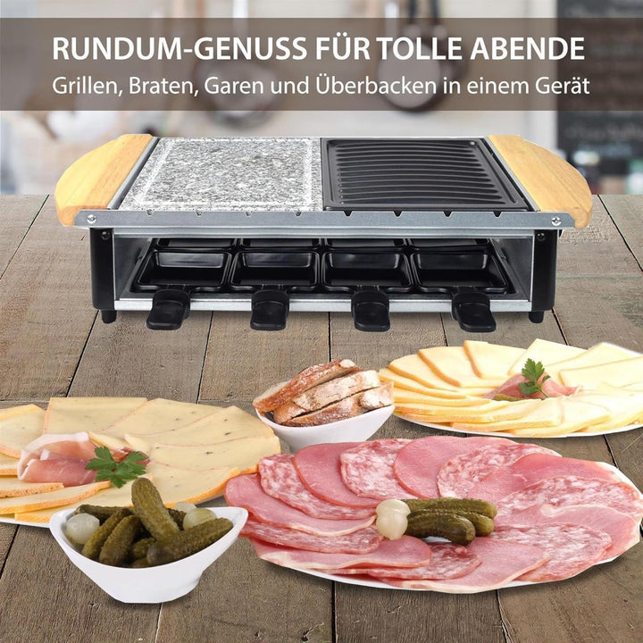 Syntrox Raclette Grill Urilas für 8 Personen, 1200W mit Naturstein und Grillplatte, 8 Antihaftbeschi