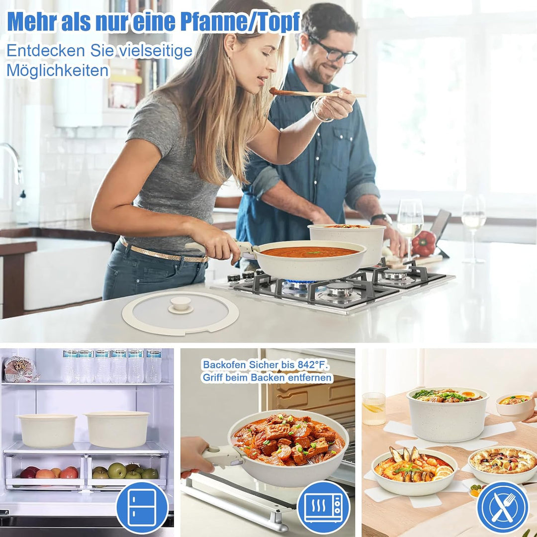 GFTIME Topfsets Pfannenset 17-teilig Antihaft-Keramikbeschichtung mit Abnehmbaren Griffen, Für Alle