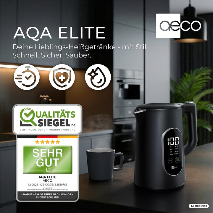 aeco AQA ELITE elektrischer Wasserkocher Edelstahl schwarz-matt mit Temperatureinstellung Tee-Kocher