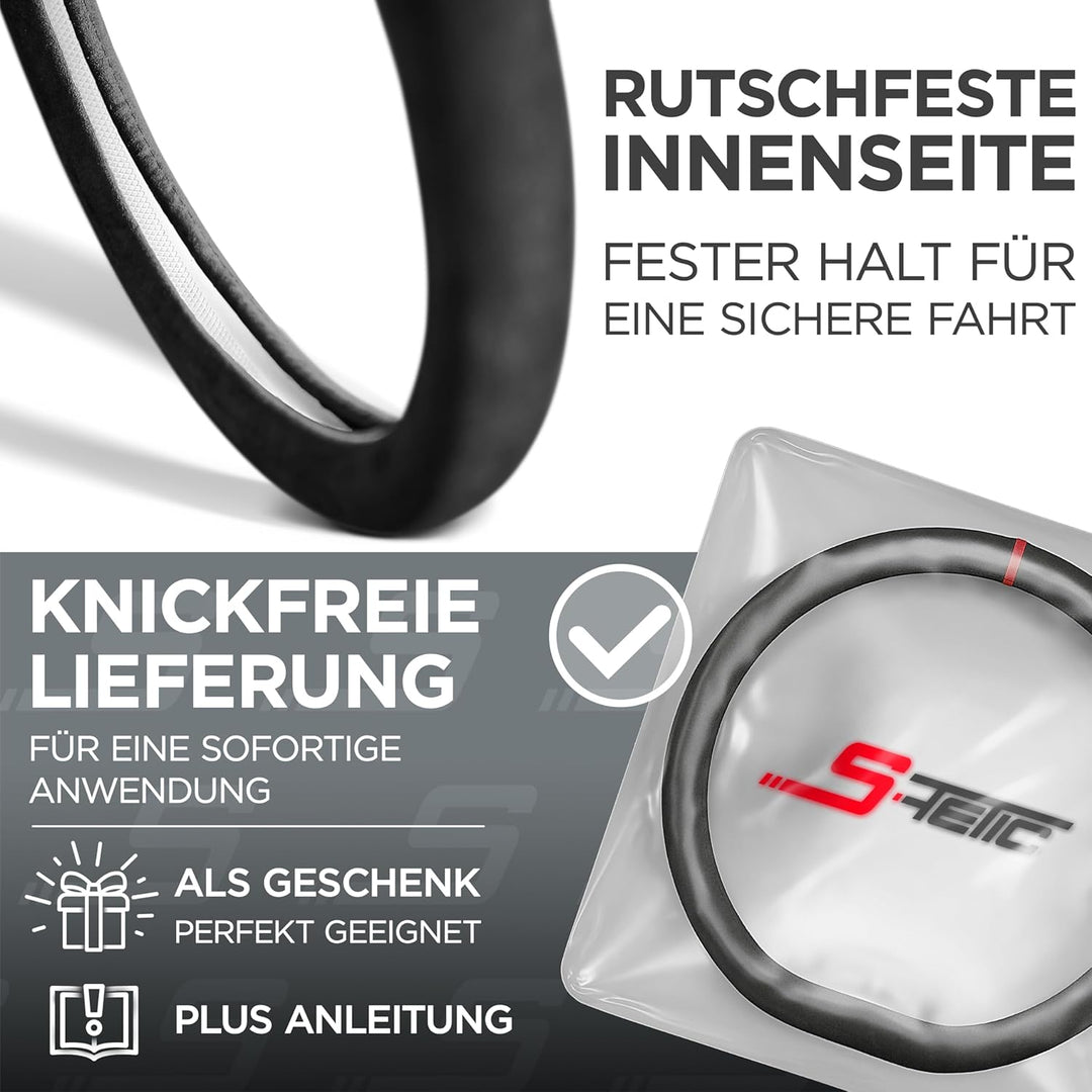 S-TETIC® Premium Lenkradbezug aus Alcantara | D-Form | Rote 12-Uhr Markierung | Universalgrösse 36-3