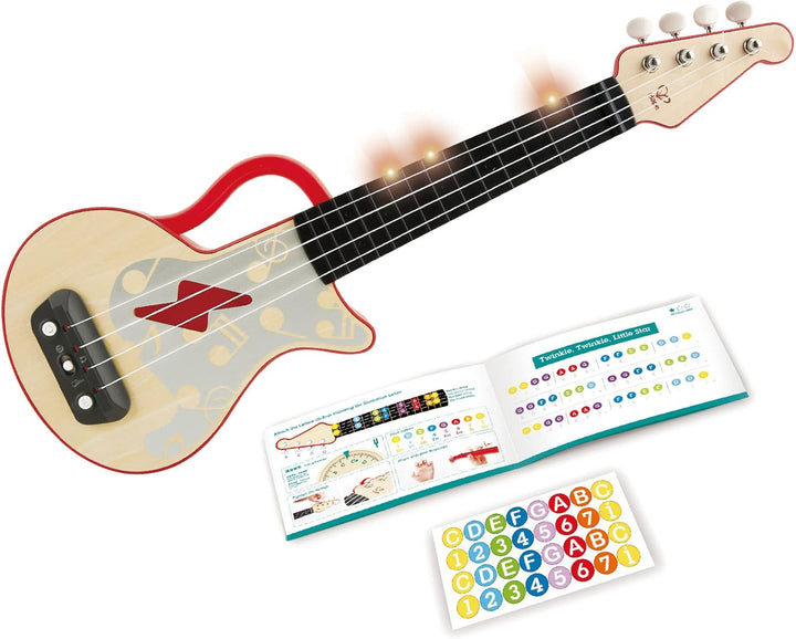 Hape Elektrische Ukulele mit stimmbaren Saiten und Führungslichtern für Kinder ab 3 Jahren, rot