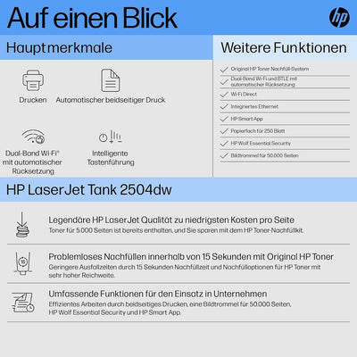 HP Laserjet Tank 2504dw Laserdrucker mit Dual-Band-Wi-Fi, Bluetooth-LE, HP Smart App, inklusive Orig