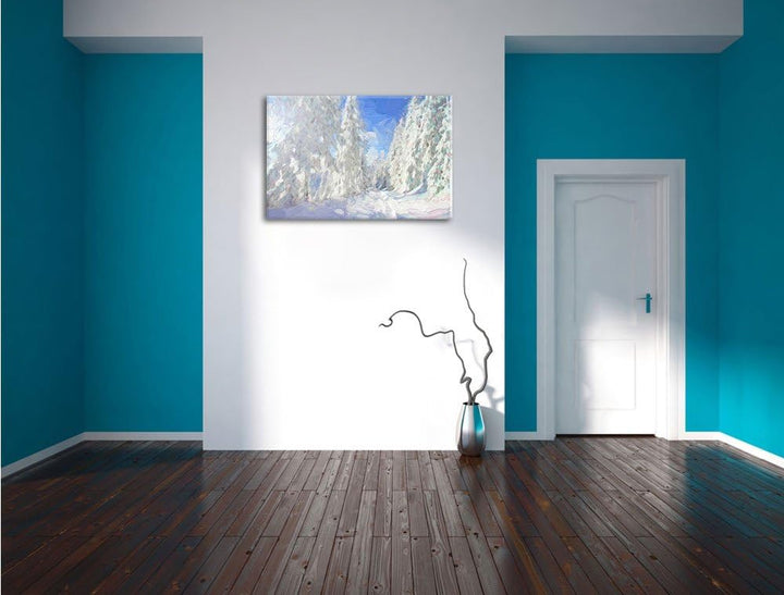 Pixxprint Winterlandschaft mit Bäumen Pinsel Effekt, Format: 100x70 auf Leinwand, riesige Bilder fer