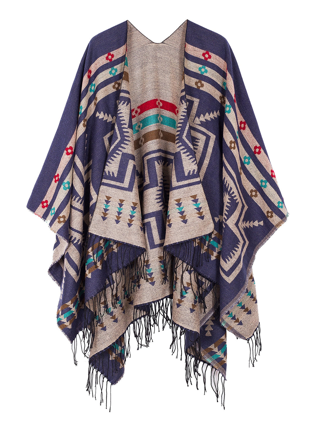 Urban GoCo Damen Poncho Stola Bohe Quaste Schal #1 Navy Blau, #1 Navy Blau