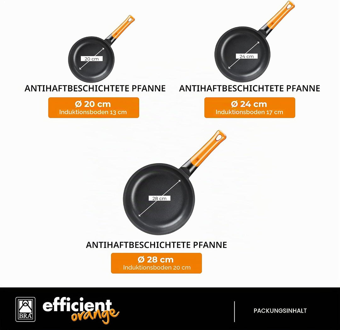 BRA Efficient Orange | Set mit 3 Bratpfannen, Aluminiumguss, mit PFOA-freier dreilagiger Antihaftbes