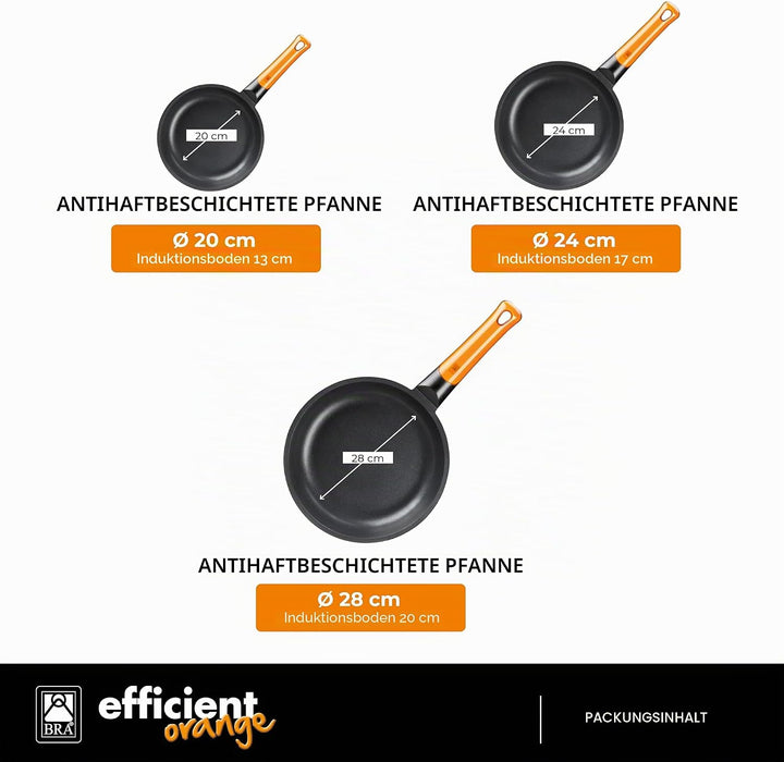 BRA Efficient Orange | Set mit 3 Bratpfannen, Aluminiumguss, mit PFOA-freier dreilagiger Antihaftbes