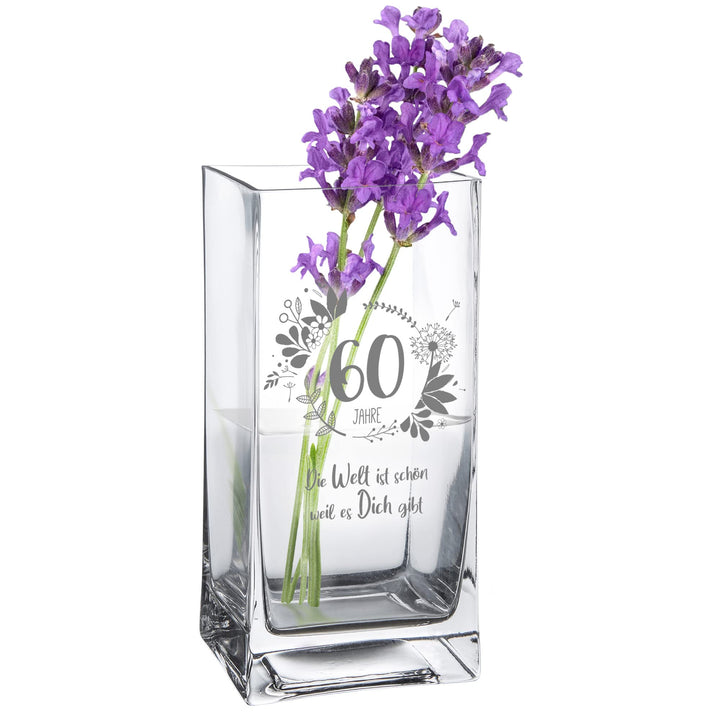 Casa Vivente Vase zum 60. Geburtstag mit süsser Gravur, Eckige Glasvase mit Alter und Spruch als Geb