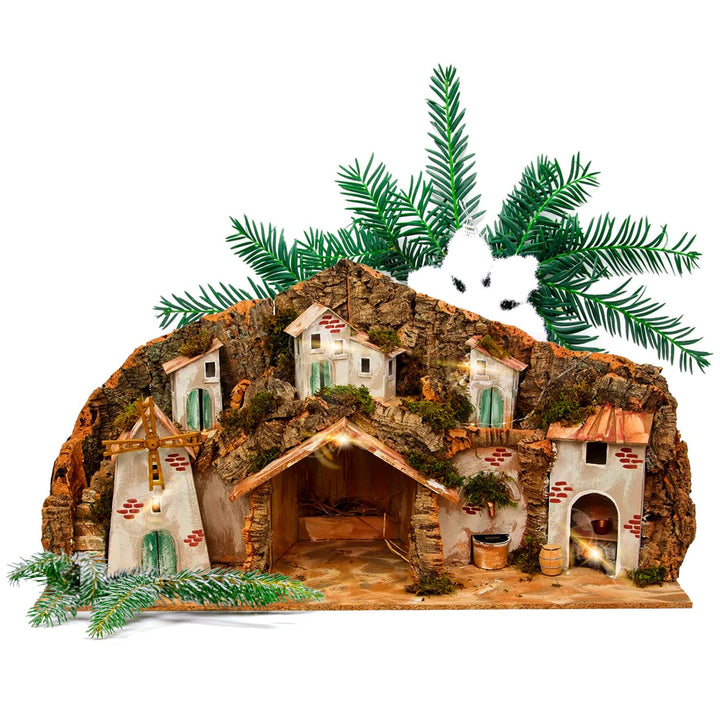 Avilia Neapolitanische Weihnachtskrippe mit Mühle, Brunnen und LED-Lichtern, 42 x 96 x 58 cm, handge