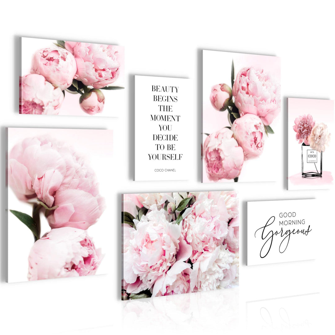 Novart Wandbilder Fashion Blumen - KOMPLETT AUFHÄNGFERTIG - Rosa Wohnzimmer Mädchen Teenager- 7 Mode