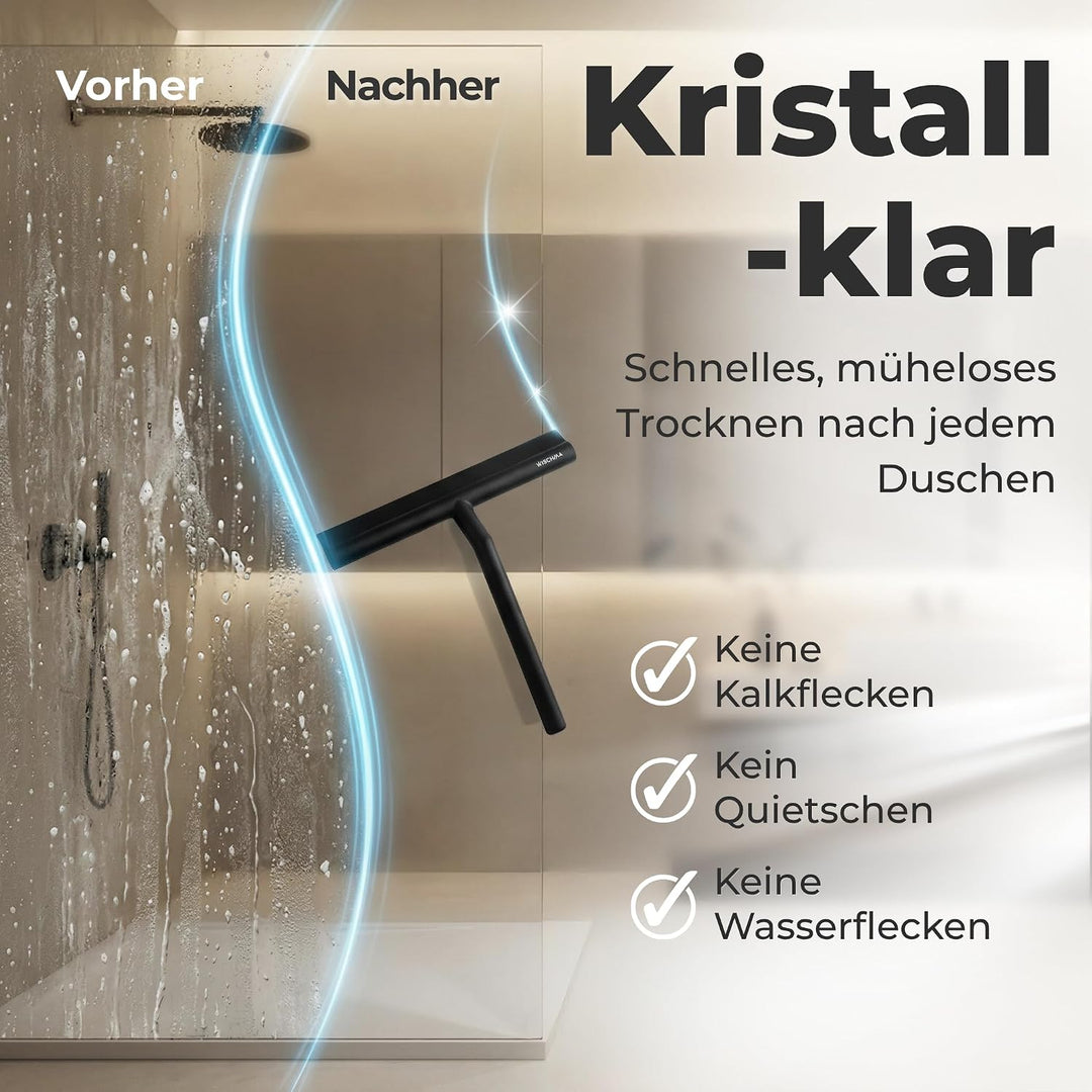 WISCHMA [Das Original] Duschabzieher schwarz Silikon − Abzieher Dusche mit Halterung ohne Bohren − G