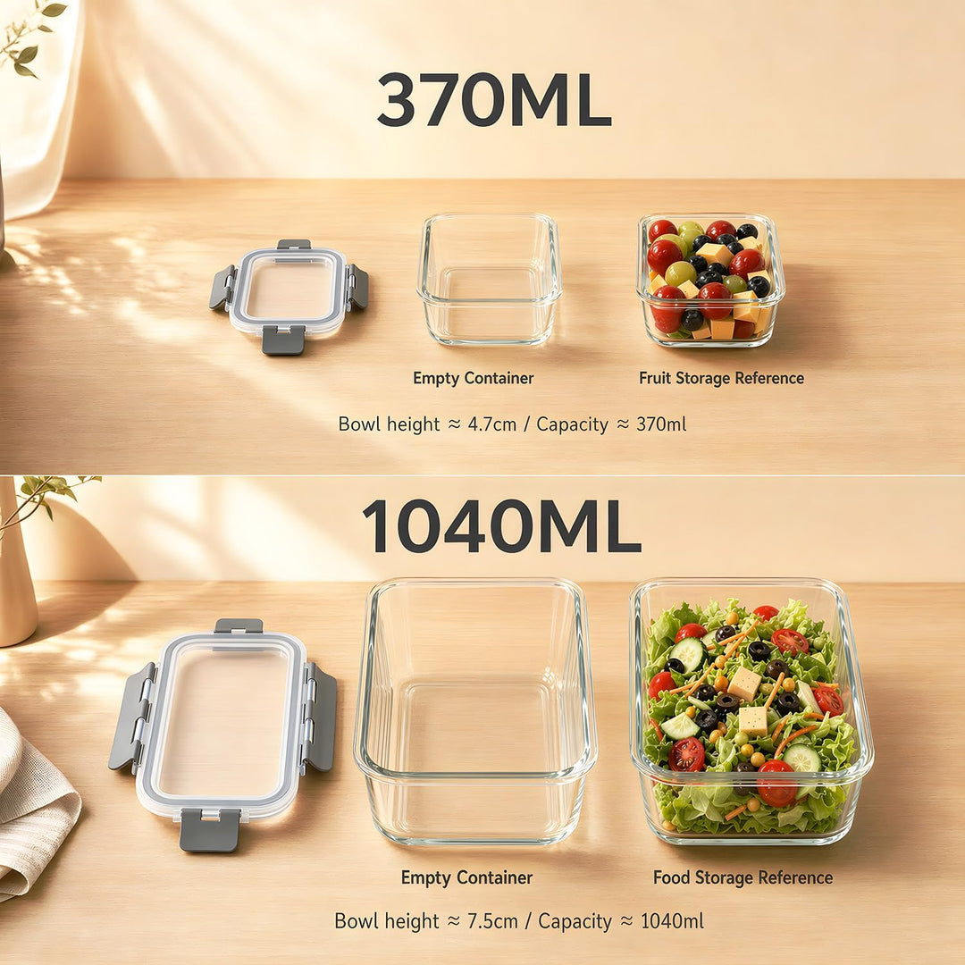 Glas Frischhaltedosen Set & Meal Prep Boxen, 2x370ml Borosilikatglas Behälter mit BPA-freiem Deckel,