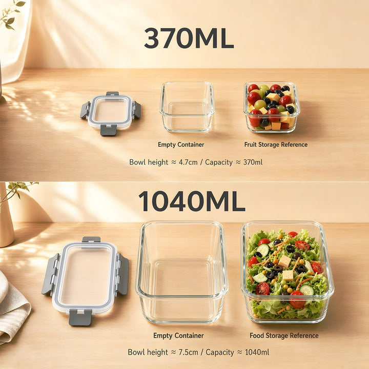 Glas Frischhaltedosen Set & Meal Prep Boxen, 5x370ml Borosilikatglas Behälter mit BPA-freiem Deckel,