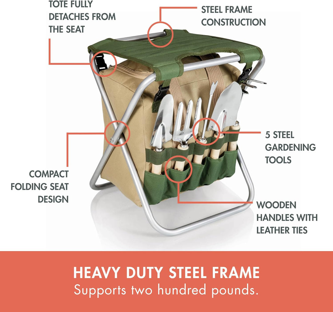 Picnic TIME ONIVA - a Brand Gardener 5-Piece Garden Tool Set with Tote and Folding Seat Olivgrün mit