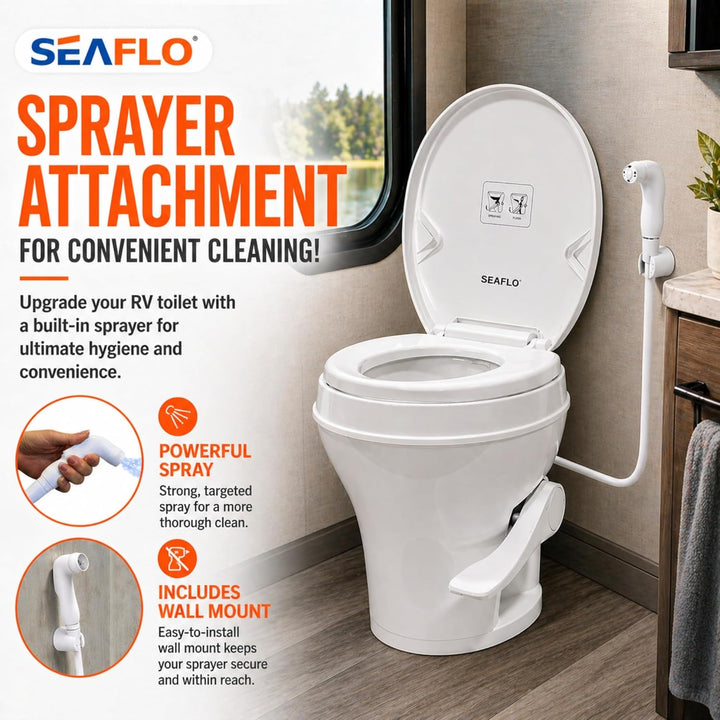 SEAFLO Wohnmobil-WC – Standardhöhe, Schwerkraftspülung, Fusspedal, sanft schliessender Deckel Wohnmo