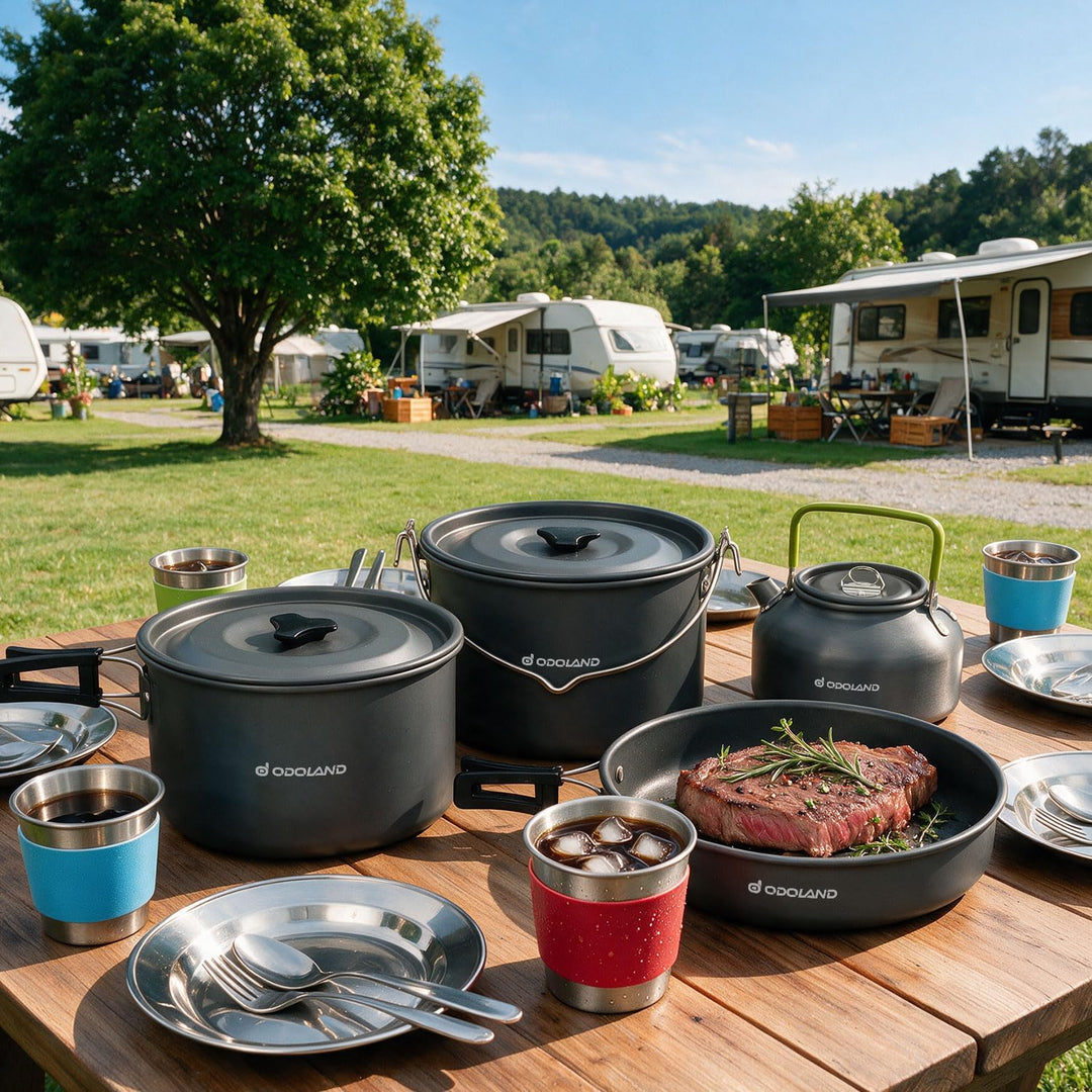 Odoland Camping Geschirr Set, Kochgeschirr für Outdoor Kochen für Camping, Rucksacktourismus, Kochen
