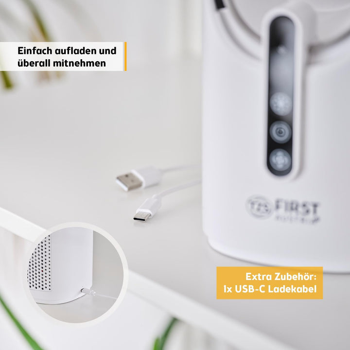 TZS First Austria Tischventilator mit Akku 2500mAh | USB Aufladekabel 5V | Leiser Ventilator mit Dis