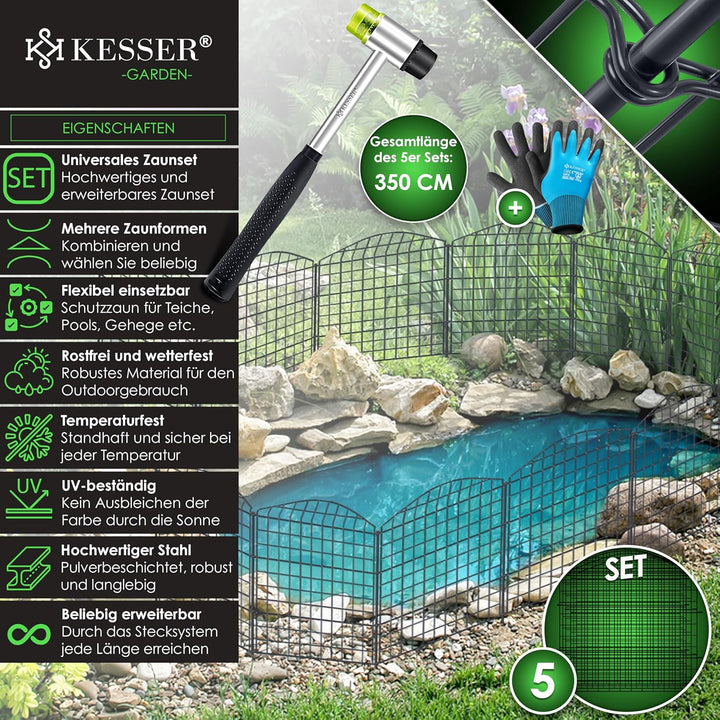 KESSER® Teichzaun Gartenzaun Steckzaun Komplettset Metall 5x Oberbogen Rund Inkl. Handschuhe, 1x Ham