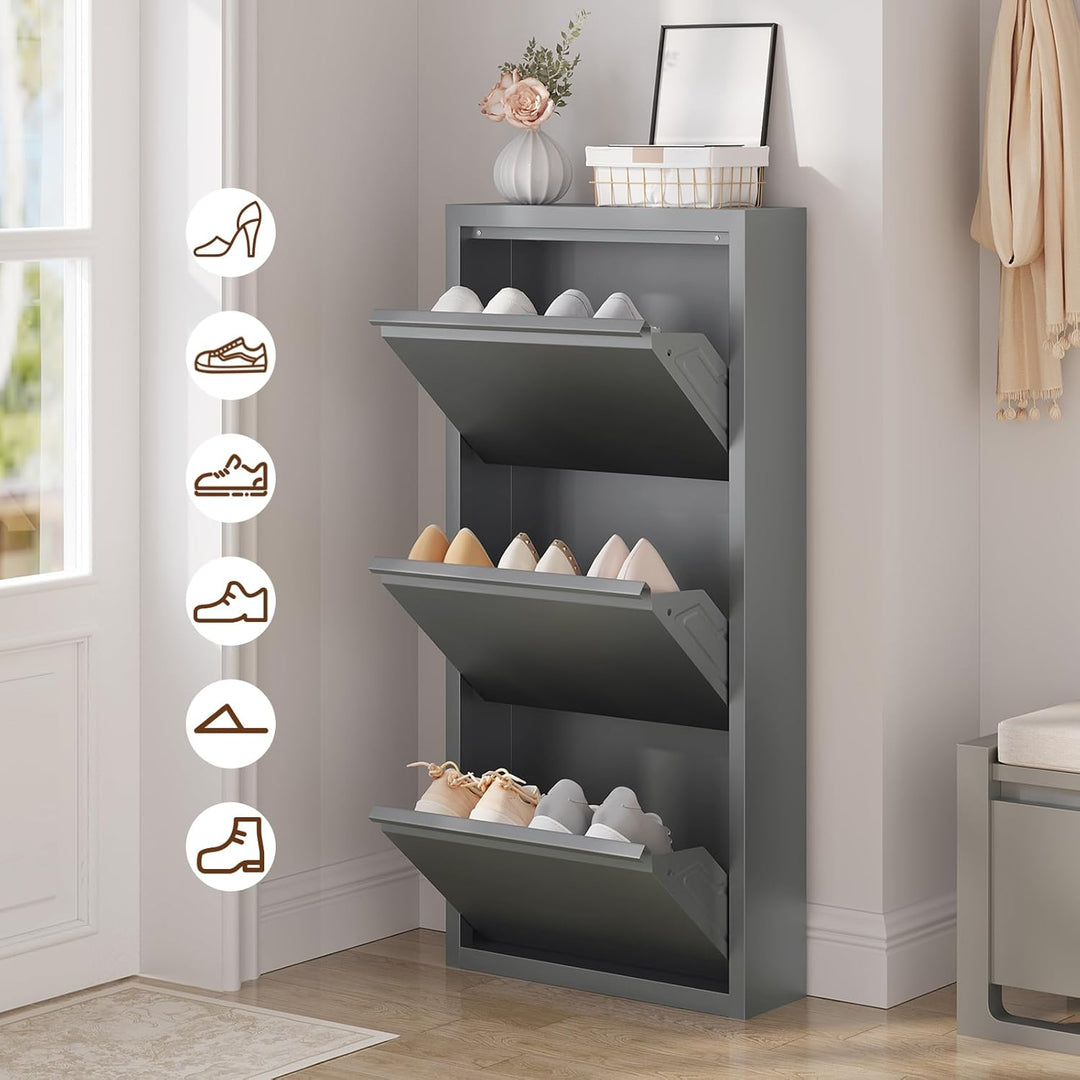 WOLTU Schuhschrank, mit 3 Klappen, Schuhregal, Schuhkipper, für 9 Paar Schuhe, aus Metall, für Flur