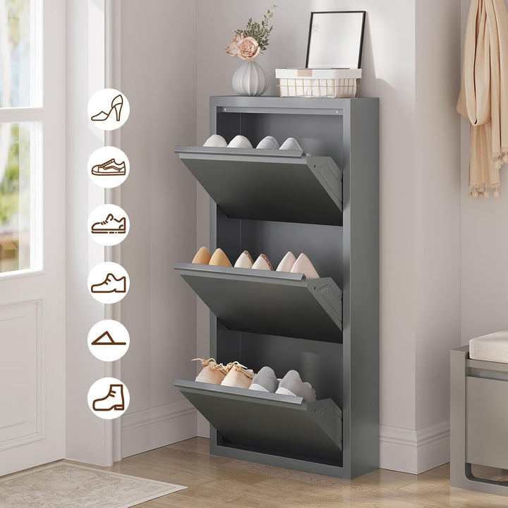 WOLTU Schuhschrank, mit 3 Klappen, Schuhregal, Schuhkipper, für 9 Paar Schuhe, aus Metall, für Flur