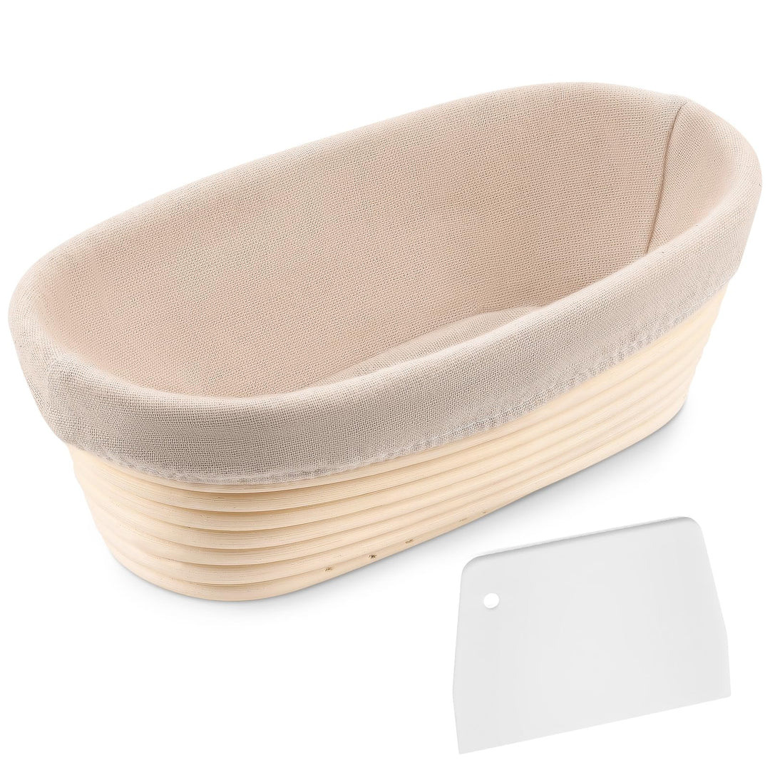 Gärkörbchen Oval, 30cm Gärkorb mit Leinen-Einlage und Teigschaber, Indonesisches Handgewebtes Rattan