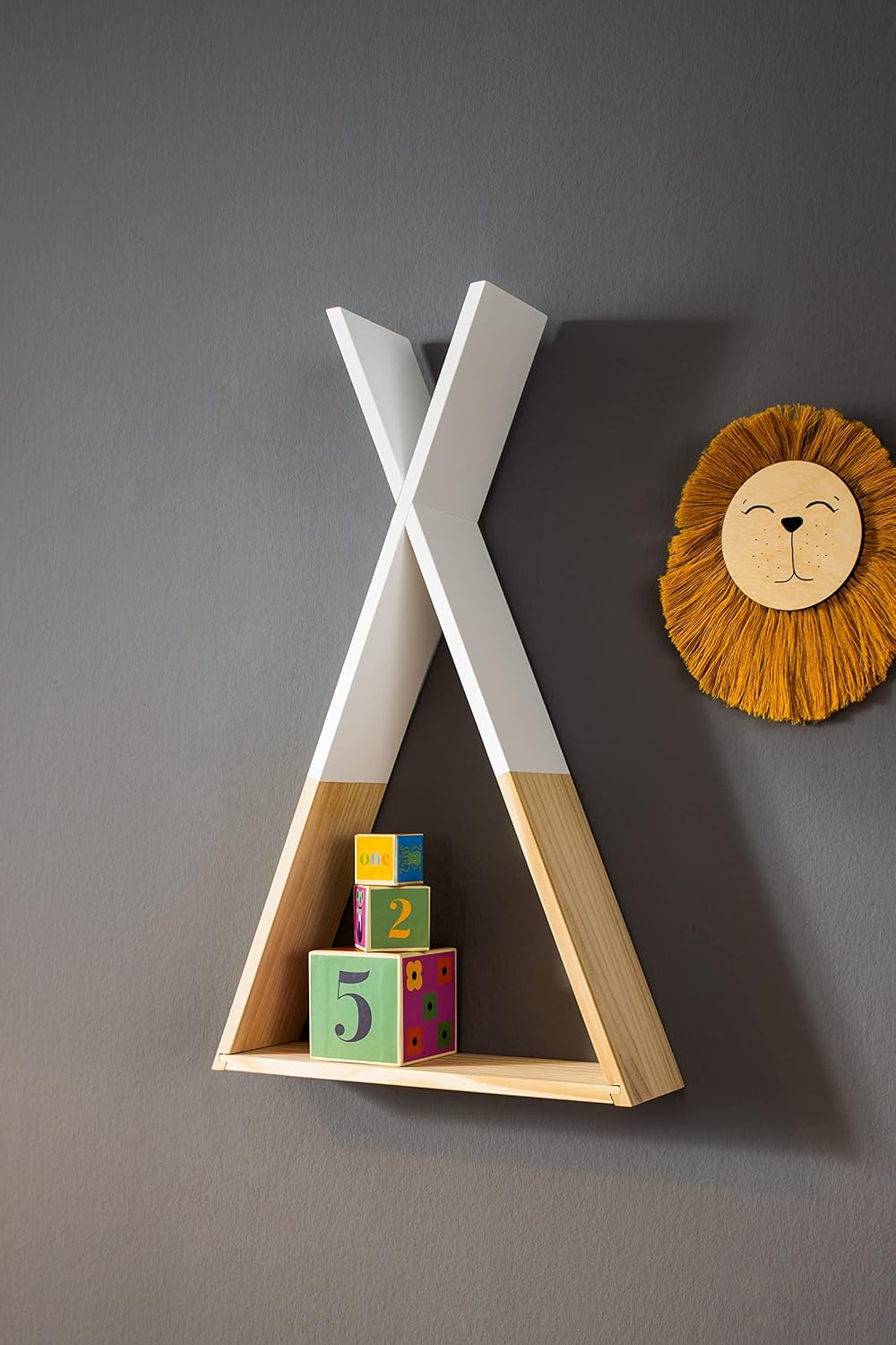 Puckdaddy Wandregal Hugo im Tipi-Design, Natur & Weiss, Dekoratives Regal für Baby- und Kinderzimmer