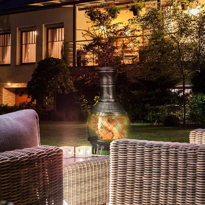 Relaxdays Aztekenofen, Schürhaken, Holzrost, Funkenschutzgitter, Garten, Terrasse, Antik Terrassenof