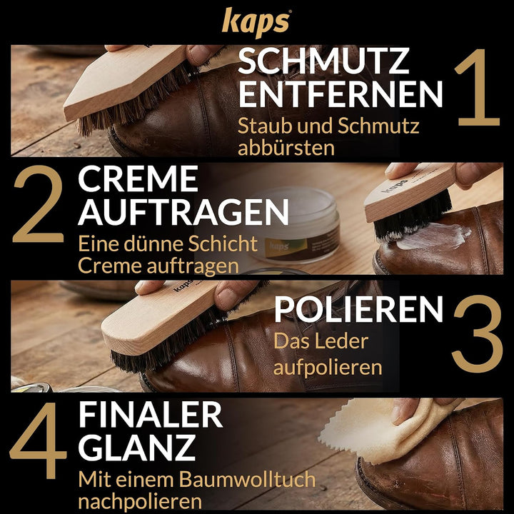 Kaps Schuhputzset für Lederschuhe & Stiefel – Schuhpflegeset mit Schuhcreme, Schuhbürsten & Poliertu