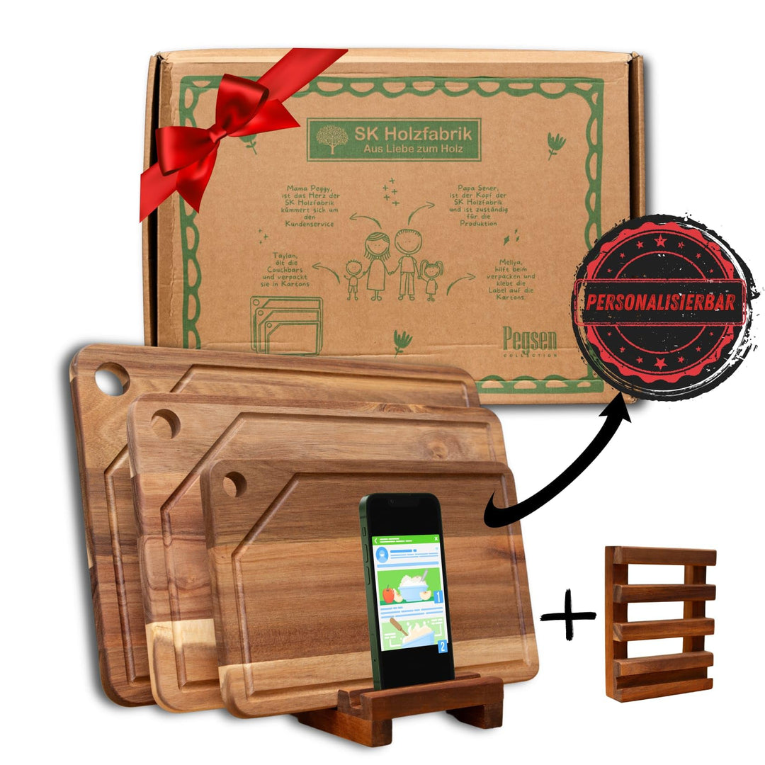 Hochwertiges 3er Schneidebrett Set - PERSONALISIERBAR - Küchenbrett mit Saftrille aus Holz mit prakt