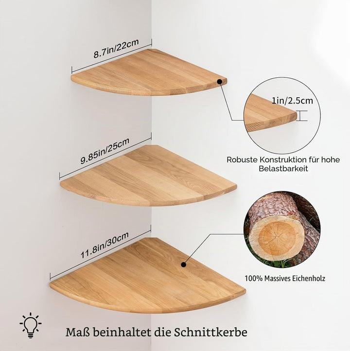Gieanoo Eckregal Hängeregal, 3er-Set Eiche Massivholz Eckregal runde Enden Wandregal Holz Vintage La