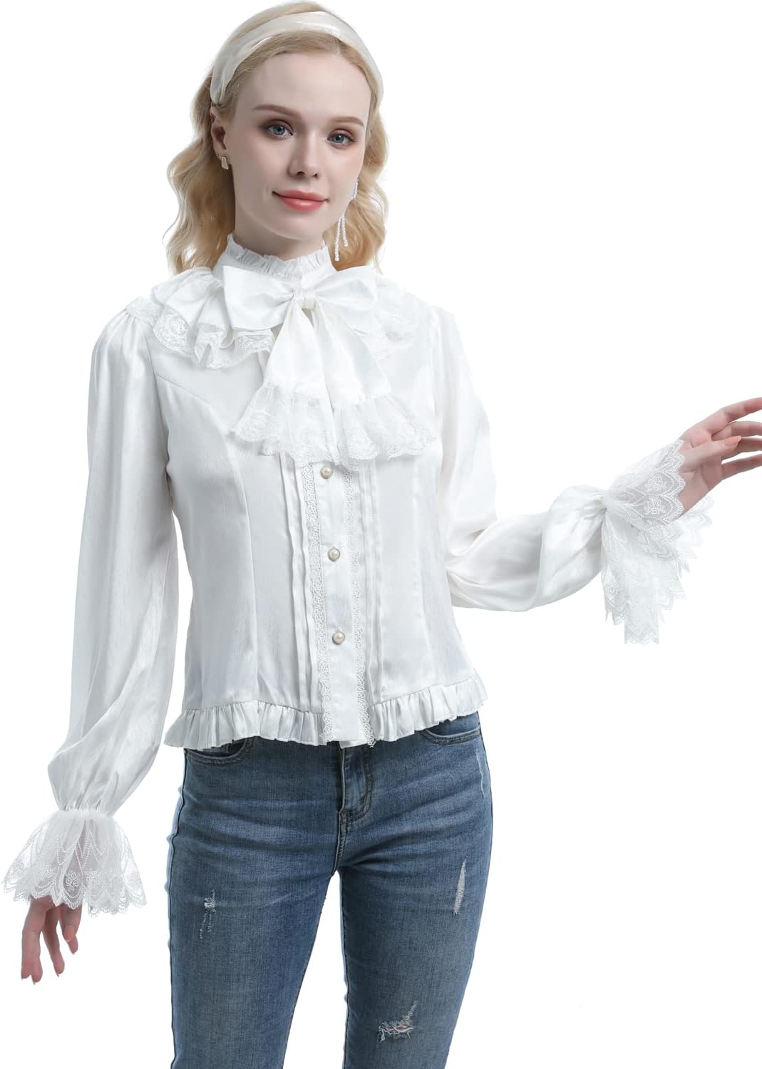 Fiamll Damen Viktorianisch Bluse Vintage Schleifenhemd Stehkragen mit Ruff Langarmshirt Mittelalter