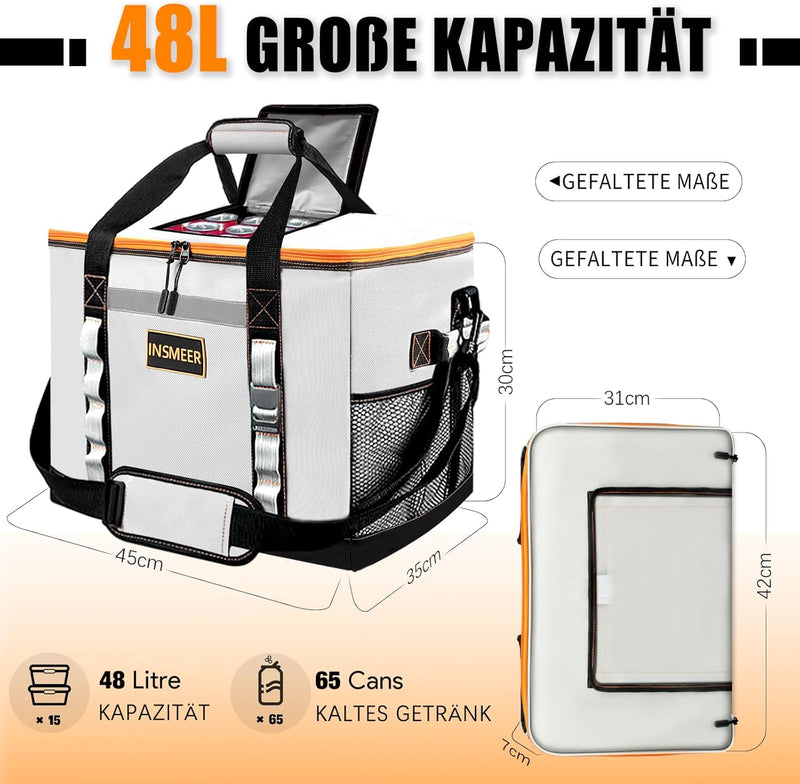 INSMEER 48L Gross Kühltasche, 65 Cans Kühltasche Faltbar mit Oberöffnung, XXL (45 * 35 * 30CM) wasse