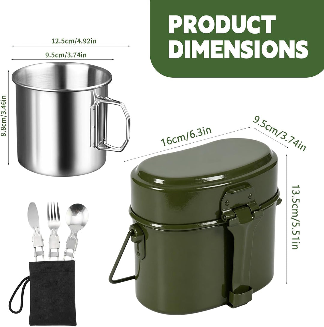 Camping Kochgeschirr Set, 5 STK Bundeswehr Essgeschirr aus Aluminium mit Faltbarer Messer, Gabel, Lö