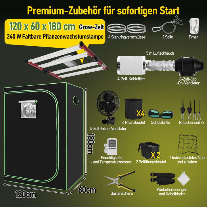 Growzelt Komplettset 120x60x180cm, 240W Faltbar LED Grow Lampe, Belüftungssystem mit Aktivkohlefilte