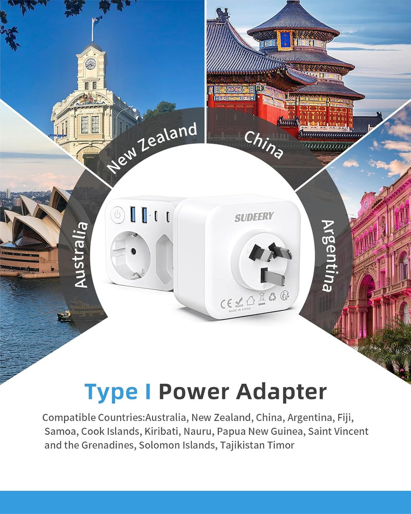 Reiseadapter Australien Deutschland Stecker mit 4 USB (2 Typ-C), 2 Fach Reiseadapter Neuseeland, Rei