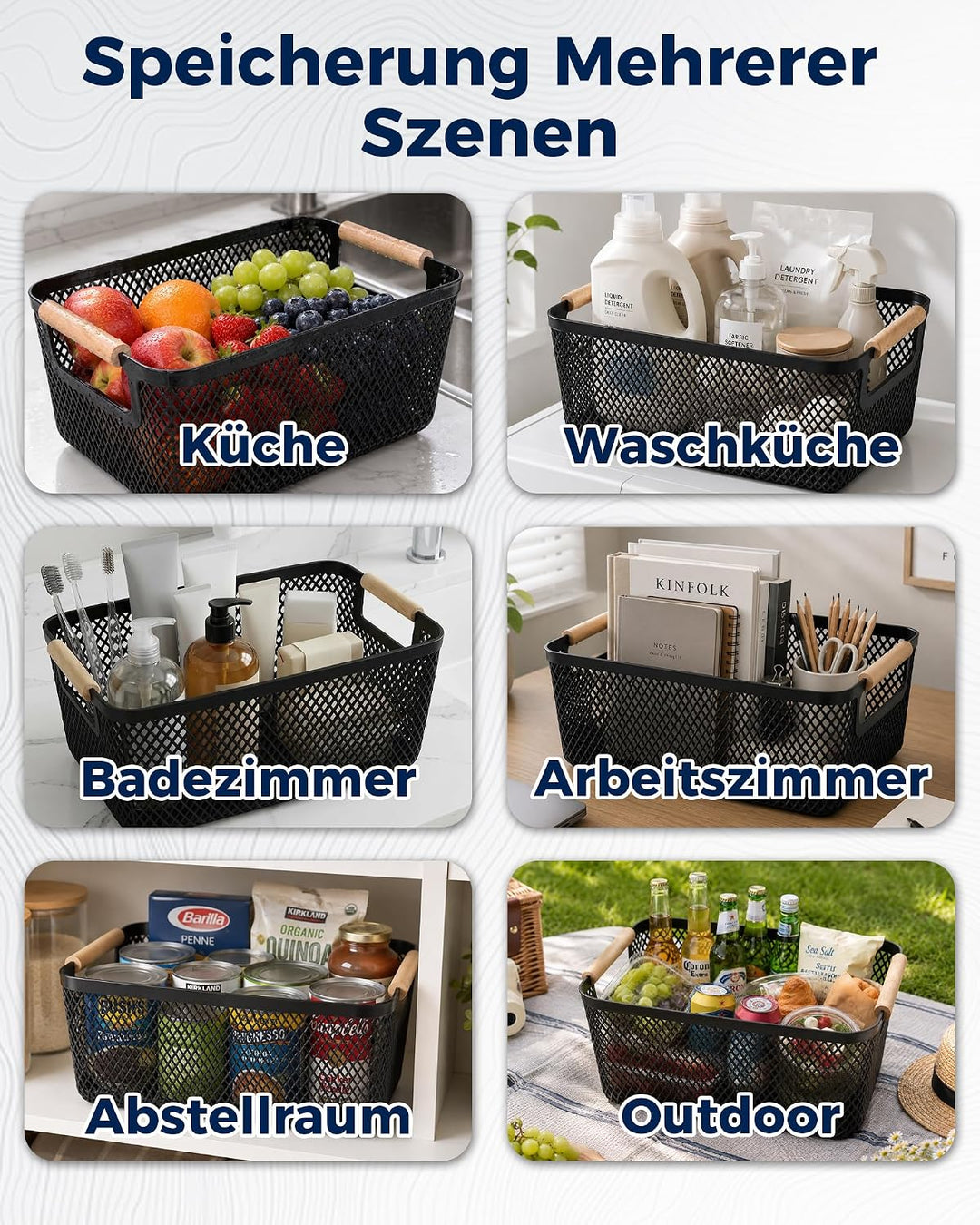 Aufbewahrungsbox Kunststoff Schwarz 6er Set, Kunststoff-Netzkörbe mit Holzgriff, offene Organizer Bo